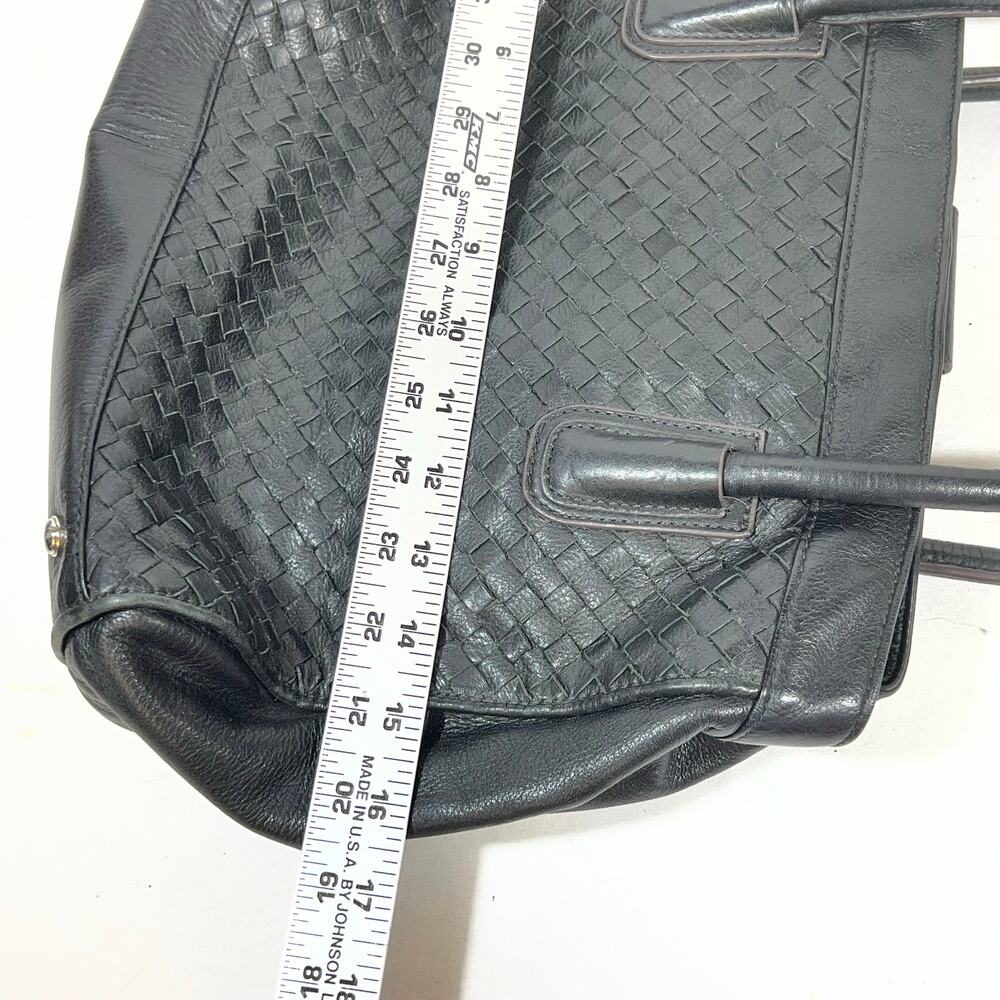B. Makowsky Shoulder Tote Bag Purse Black Woven Braided Leather Leopard Lining - Picture 12 of 12